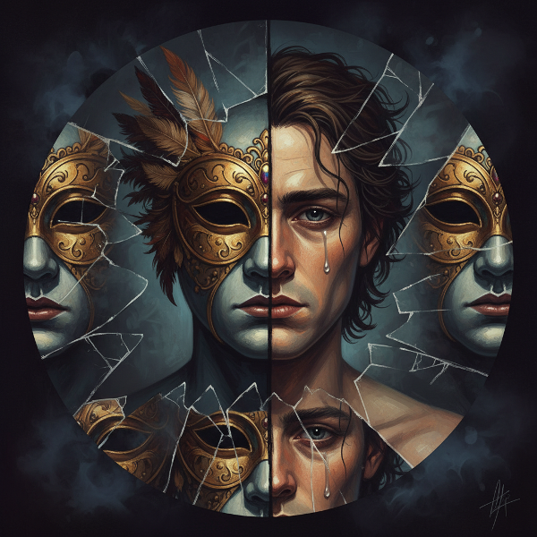 Toplumsal maskeler ile öz benlik arasındaki gerilimi ve içsel bölünmeyi temsil eden sembolik bir görsel.