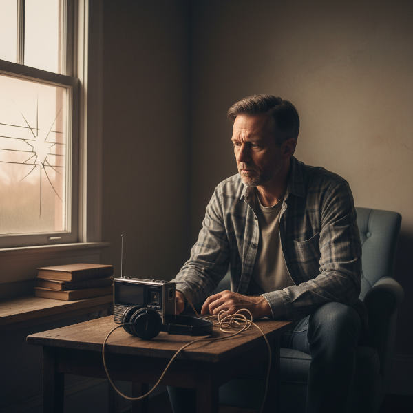 Trafik kazası sonrası müzikle bağı kopmuş, IBS semptomları yaşayan bir adamın içsel çatışmasını ve iyileşme umudunu yansıtan duygusal bir sahne.