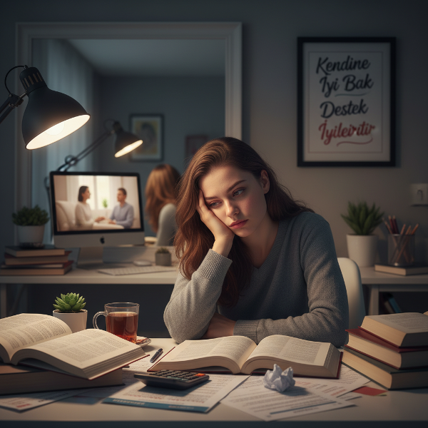 Üniversite sınav stresi ve tükenmişlik yaşayan bir gencin psikolojik destek arayışını gösteren resim.