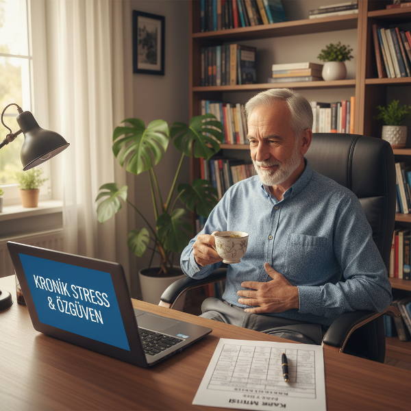 64 yaşındaki psikolog Baran, kronik stresle başa çıkarken özgüveni korumak için nefes egzersizi yapıyor ve karar matrisi üzerinde çalışıyor; huzurlu bir ev ofisi ortamında.