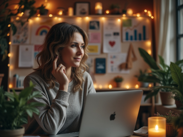 Elif, ev ofisinde, özgüven yolculuğunun başlangıcını düşünürken, umut dolu bir ışıkla aydınlanmış halde.