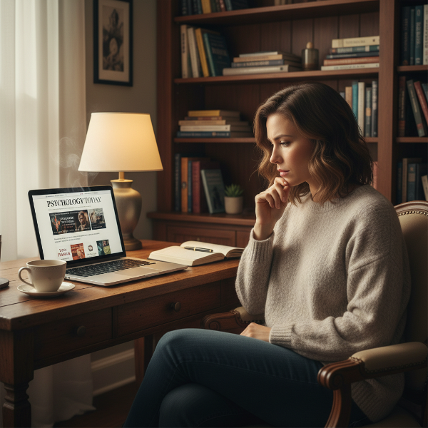 39 yaşındaki bir kadın, psikolojik danışmanlık sitesi açmış, kimlik ve yaşam amacını sorgularken ev ofisinde düşünceli bir şekilde oturuyor.