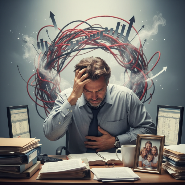 48 yaşındaki Demir'in iş, aile ve finansal stres arasında yaşadığı tükenmişlik ve psikosomatik belirtileri temsil eden bir görsel.