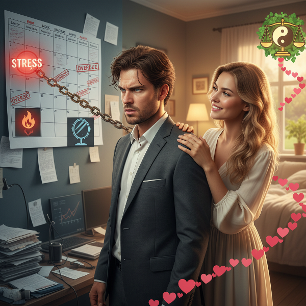İş stresi nedeniyle cinsel istek azalması ve özgüven kaybı yaşayan bir erkeğin, eşinin desteği ve denge arayışı içinde olduğunu gösteren bir görsel.