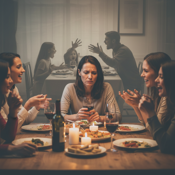 Bir kadın, arkadaşlarıyla yemek yerken geçmişten gelen bir aile yemeği anısının hafif görüntüsüyle içsel gerginlik yaşıyor.