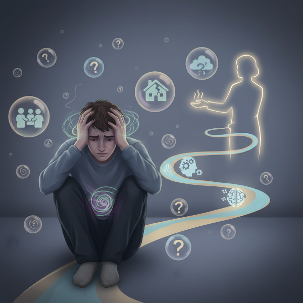 19 yaşındaki Eren'in kaygı ve sosyal huzursuzlukla başa çıkma sürecini, bilişsel yeniden yapılandırma ve nefes teknikleriyle gösteren sembolik bir dijital illüstrasyon.