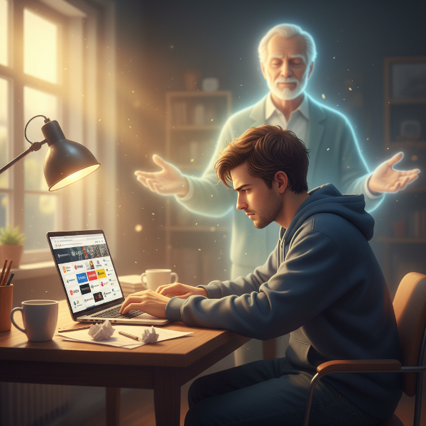 Genç bir erkek, iş arama stresi ve mükemmeliyetçilikle başa çıkarken, arka planda şefkatli bir psikolog rehberliği gösteriliyor.