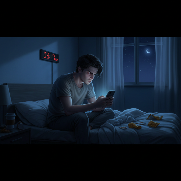 Gece geç saatlerde yatağında telefonuna bakan, yorgun ve hüsrana uğramış bir genç adam. Telefonun ışığı odadaki tek aydınlatma kaynağı. Dijital bağımlılık ve uyku düzeni bozukluğunu anlatan bir sahne.
