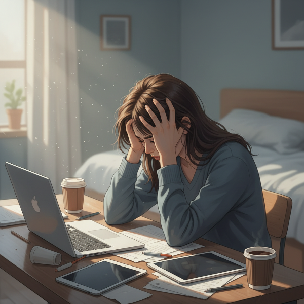 25 yaşındaki bir kadın, yoğun iş temposu ve tükenmişlik sendromu nedeniyle masasında bitkin bir şekilde oturuyor.