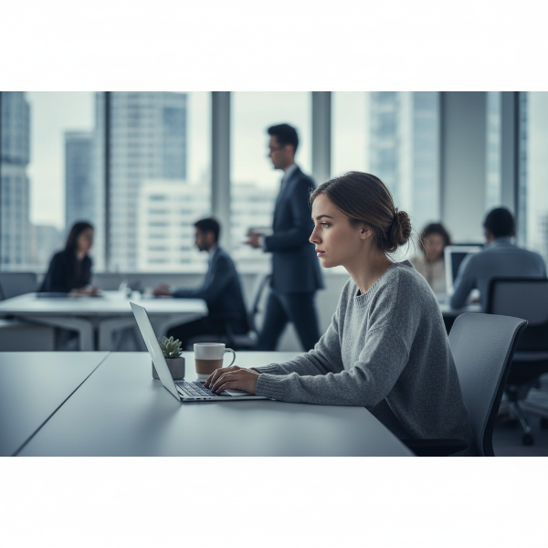 27 yaşındaki Mira'nın iş yerinde görünmez ve yalnız hissettiği anı yansıtan, modern ofis ortamında duygusal bir resim.