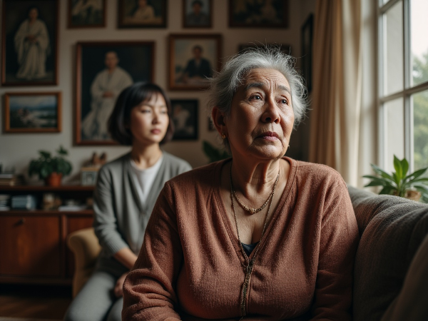 Một người mẹ nuôi 61 tuổi và con gái nuôi 35 tuổi trong phòng khách ấm cúng, thể hiện khoảng cách cảm xúc nhưng vẫn có hy vọng về mối quan hệ.