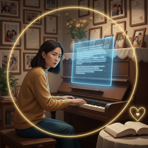 Một giáo viên piano trung niên đối mặt với sự lo lắng và hoài nghi bản thân trước cây đàn, được ánh sáng của sự thấu hiểu và lời khuyên vây quanh.