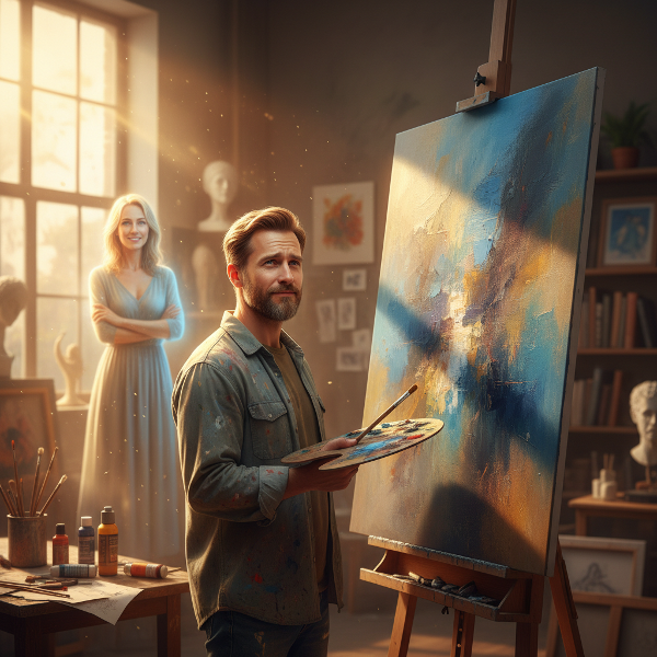 Một họa sĩ trung niên trong xưởng vẽ đầy ánh sáng, đối diện với cảm xúc phức tạp khi nhận phản hồi về tác phẩm, với sự hiện diện hỗ trợ của một nhà tâm lý.