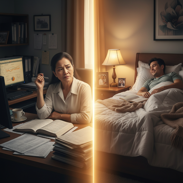 Một phụ nữ trung niên tại bàn làm việc, với ánh sáng ấm áp ngăn cách khung cảnh căng thẳng với không gian thân mật của gia đình, tượng trưng cho sự cân bằng giữa công việc và đời sống tình cảm.