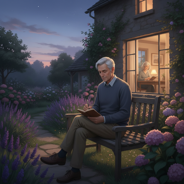 Một người đàn ông trung niên ngồi trong vườn lúc hoàng hôn, trầm tư và kiên nhẫn, tượng trưng cho hành trình quản lý sức khỏe tinh thần và thể chất, với sự kết nối nhẹ nhàng với gia đình.
