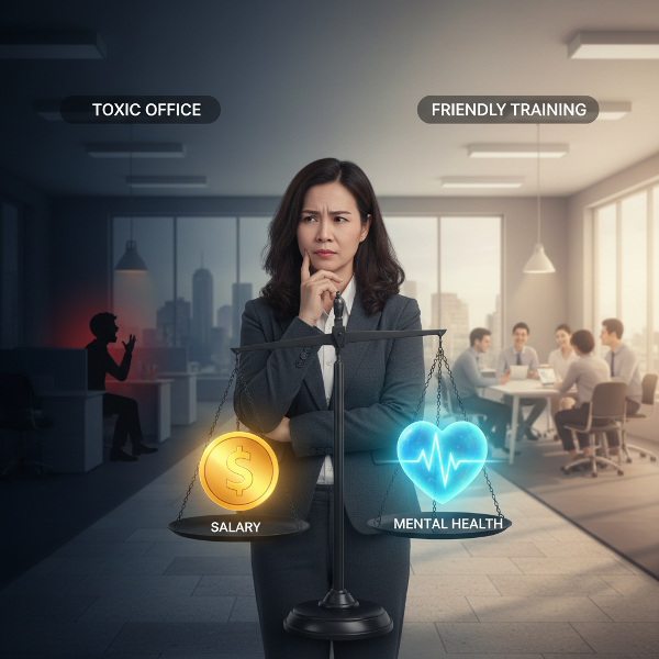 Một phụ nữ đứng trước ngã rẽ sự nghiệp, cân nhắc giữa môi trường làm việc độc hại và cơ hội mới ý nghĩa.