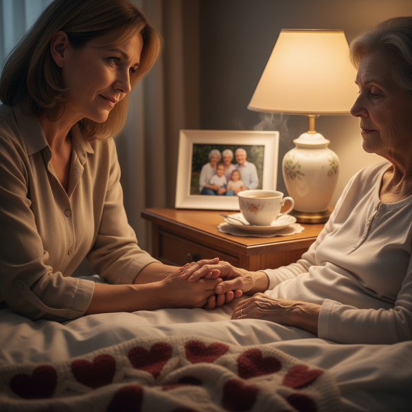 Một người phụ nữ trung niên mệt mỏi nhưng dịu dàng trông chừng mẹ chồng lớn tuổi bị sa sút trí tuệ vào ban đêm, trong ánh đèn ngủ ấm áp, thể hiện sự kiệt sức, tình yêu thương và hy vọng được hỗ trợ.