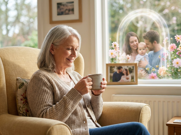 Một nhà tâm lý học ấm áp tượng trưng cho sự hỗ trợ và hy vọng cho một bà mẹ trẻ đang vật lộn với trầm cảm sau sinh, với hình ảnh gợi ý sự kết nối lại trong gia đình.