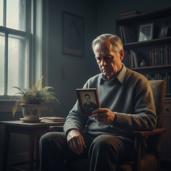 Một người đàn ông lớn tuổi đau buồn ngồi một mình, cầm ảnh con trai, với ánh sáng dịu nhẹ và biểu tượng hy vọng lóe lên.