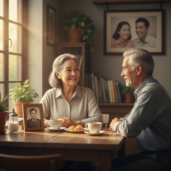 Một phụ nữ 60 tuổi trò chuyện ấm áp với người bạn cũ trong quán cà phê, ánh sáng dịu nhẹ, thể hiện sự cân bằng giữa ký ức quý giá và hy vọng mới.