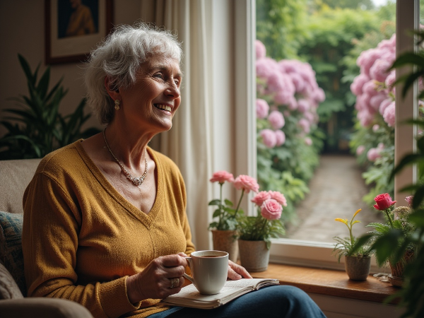 Một phụ nữ 61 tuổi, cựu giáo viên, ngồi trong phòng ấm cúng, nhìn ra cửa sổ với suy tư về sự trống rỗng và tìm kiếm mục đích mới, bên ngoài là con đường dẫn đến khu vườn đầy hoa tượng trưng cho khởi đầu mới.