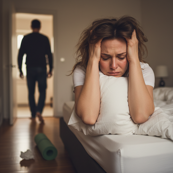 Người phụ nữ ngồi trên giường, ôm đầu trong đau khổ, nước mắt, phía xa là bóng mờ người đàn ông rời đi, thảm yoga xanh bên cạnh