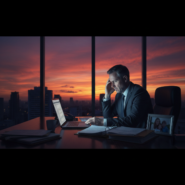 Một quản lý cấp cao trung niên mệt mỏi trong văn phòng về đêm, đối diện với áp lực công việc và cảm giác trống rỗng, bên ngoài cửa sổ là hoàng hôn tượng trưng cho hy vọng.