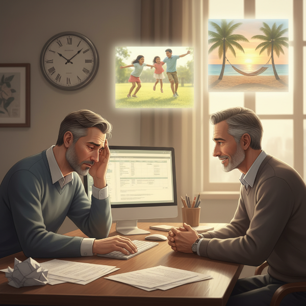 Một quản lý tài chính trung niên mệt mỏi tại bàn làm việc, được một nhà tâm lý học điềm tĩnh lắng nghe, với hình ảnh ẩn dụ về gia đình và sự cân bằng cuộc sống.
