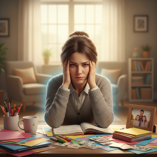 Một giáo viên mầm non mệt mỏi làm việc khuya, với ánh sáng ấm áp từ phía sau tượng trưng cho sự hỗ trợ và cân bằng.