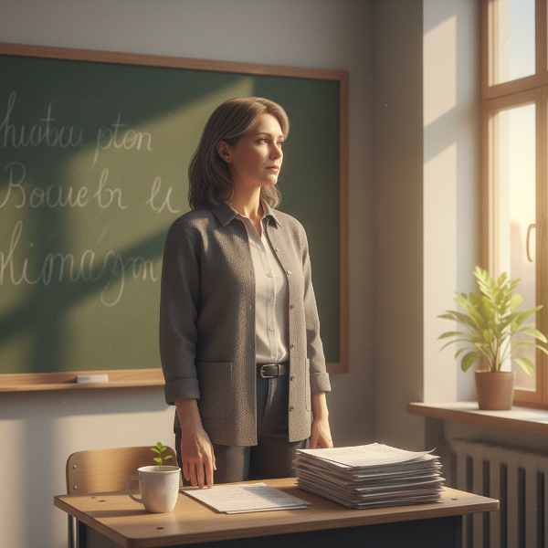 Hình ảnh minh họa một giáo viên kiệt sức trong lớp học, với sự tương phản giữa gánh nặng hiện tại và ánh sáng hy vọng cho tương lai.