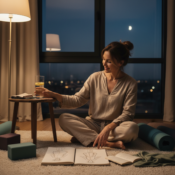 Người phụ nữ 33 tuổi ngồi vẽ thiết kế thời trang, bên cạnh là ly nước thay vì rượu, với dụng cụ yoga và bầu không khí yên tĩnh buổi tối.