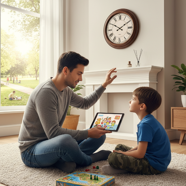 Một người cha trẻ và con trai đang thảo luận về việc sử dụng thiết bị công nghệ một cách cân bằng, trong một không gian gia đình ấm áp với các lựa chọn hoạt động ngoại tuyến xung quanh.