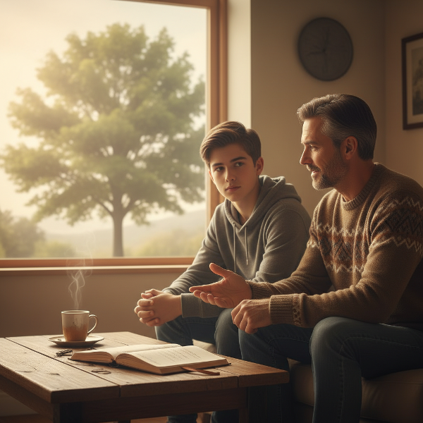 Một người cha trung niên và con trai tuổi teen trò chuyện trong không gian ấm áp, thể hiện sự hỗ trợ, đồng hành và hy vọng vượt qua khó khăn.