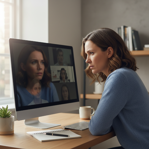 Một nữ nhân viên văn phòng trẻ tuổi trong không gian làm việc tại nhà, đang suy tư nhìn vào màn hình máy tính trong một cuộc họp trực tuyến, thể hiện sự lo lắng và mong muốn vượt qua rào cản giao tiếp ảo.