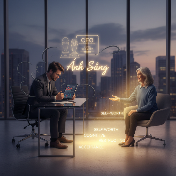 Hình ảnh minh họa một nhà đầu tư tài chính thành đạt đối mặt với lo âu và hội chứng kẻ mạo danh, cùng nhà tâm lý Ánh Sáng hướng dẫn anh ta vượt qua tự nghi ngờ để xây dựng lòng tự trọng thực sự.