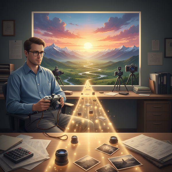 Một người đàn ông trong văn phòng ngăn nắp nhìn chiếc máy ảnh cũ, với con đường ánh sáng dẫn tới khung cảnh nhiếp ảnh sống động, thể hiện sự cân bằng giữa ổn định và đam mê.