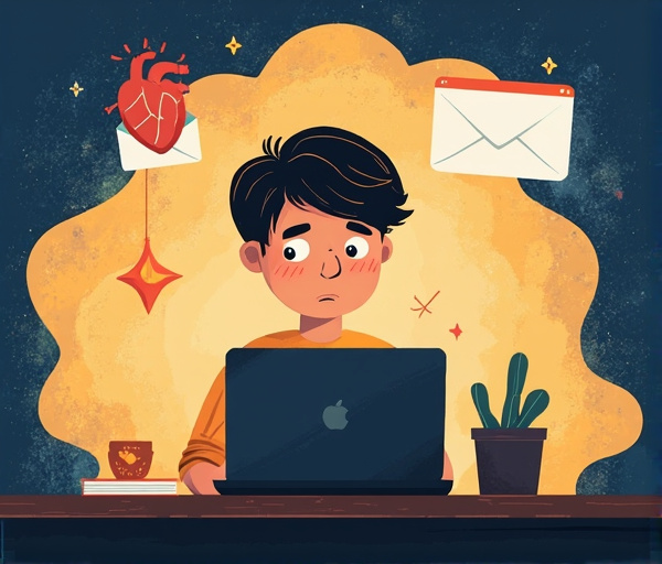 Lập trình viên lo lắng khi mở email khách hàng, với biểu tượng căng thẳng và ánh sáng trấn an phía sau.