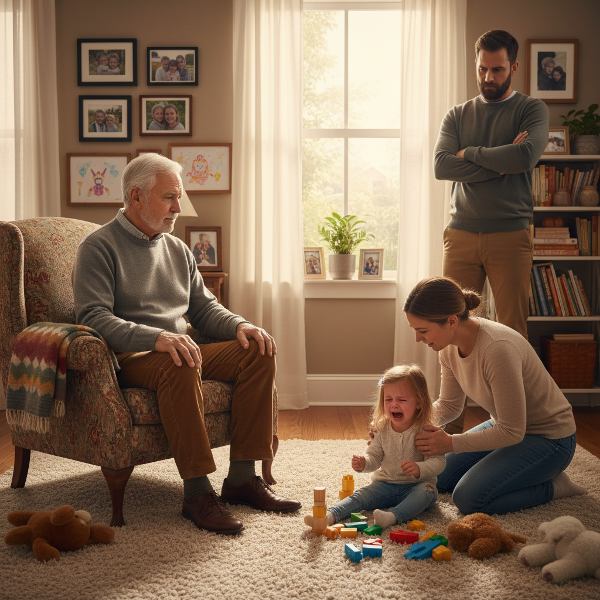 Một ông nội 64 tuổi quan sát cháu gái 5 tuổi đang giận dữ, trong khi bố mẹ cháu phản ứng trái ngược, trong phòng khách ấm cúng.