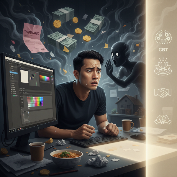 Một nhà thiết kế đồ họa trẻ đang vật lộn với lo âu nghề nghiệp, được minh họa bằng những nỗi sợ tiêu cực xung quanh và một ánh sáng trị liệu hướng dẫn.