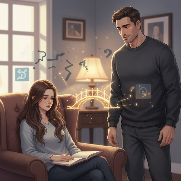 Một minh họa về một người phụ nữ nhạy cảm cao và bạn trai trực tiếp, thể hiện sự căng thẳng trong mối quan hệ nhưng cũng có hy vọng về sự thấu hiểu và kết nối thông qua giao tiếp.