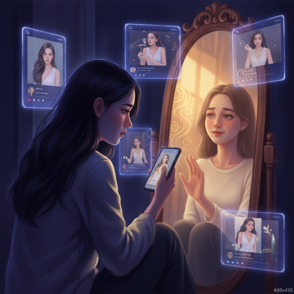 Một cô gái trẻ nhìn màn hình điện thoại với vẻ mặt căng thẳng, xung quanh là các biểu tượng hoàn hảo, nhưng phía sau có ánh sáng ấm từ gương phản chiếu sự tự tin và chấp nhận bản thân.