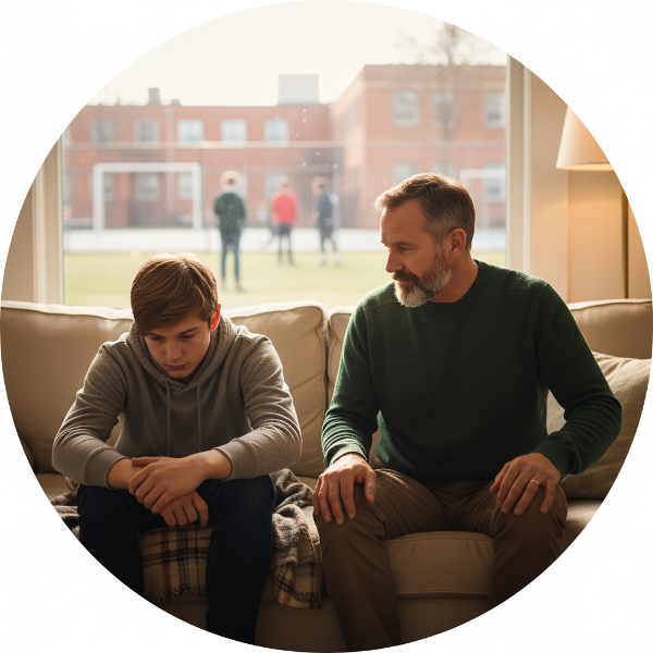 Một người cha trầm tư ngồi cùng con trai tuổi teen trong không gian an toàn, thể hiện sự lắng nghe và hỗ trợ, với hình ảnh mờ ảo phản chiếu nỗi lo về trường học phía sau.