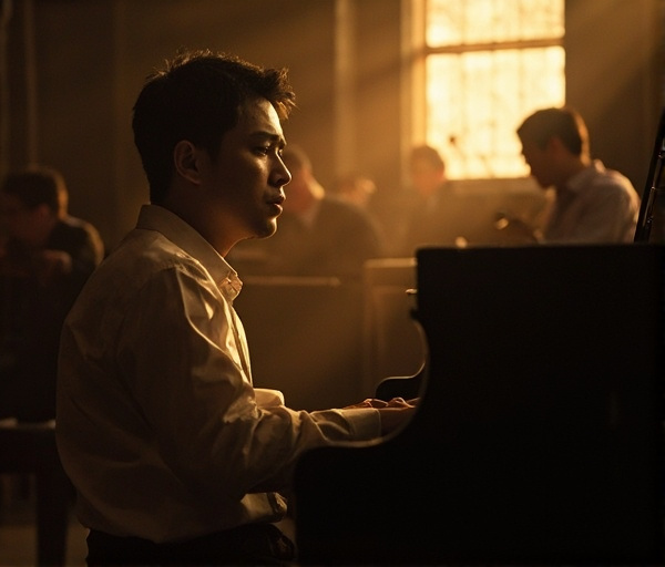 Một nghệ sĩ piano trẻ ngồi bên đàn dương cầm trong phòng hòa nhạc mờ tối, ánh mắt suy tư, phía sau là những bóng mờ của các nghệ sĩ khác, nhưng một luồng sáng vàng chiếu vào từ cửa sổ tượng trưng cho hy vọng và sự tự tin tìm lại.