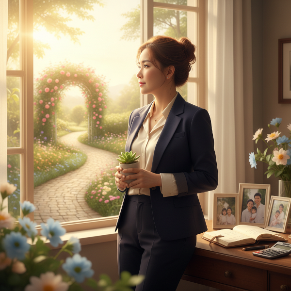 Một phụ nữ Việt Nam trầm tư nhìn ra ngoài cửa sổ, trong phòng ấm cúng có nhật ký và vật dụng văn phòng, bên ngoài là con đường dẫn đến khu vườn tươi tốt, tượng trưng cho hành trình khám phá bản thân.