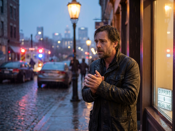 Một người đàn ông trung niên đứng trên đường phố mưa, biểu cảm lo âu sau khi chứng kiến tai nạn, với ánh sáng mờ ảo thể hiện hành trình hồi phục tâm lý.