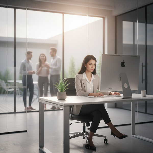 Một phụ nữ trẻ cảm thấy cô đơn trong văn phòng, với ánh sáng dịu và biểu tượng của sự kết nối và phát triển từ từ.