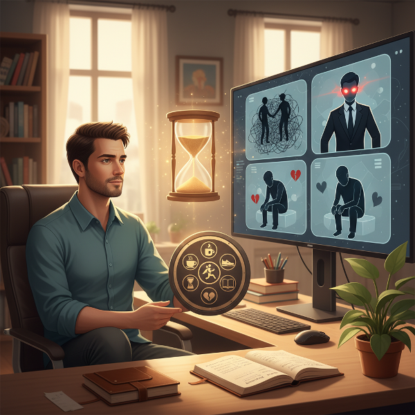 Một nhà tâm lý nam trầm tư trong văn phòng tư vấn trực tuyến ấm áp, đối mặt với các biểu tượng của thách thức nghề nghiệp và cá nhân, tìm kiếm sự cân bằng và phục hồi nội tâm.