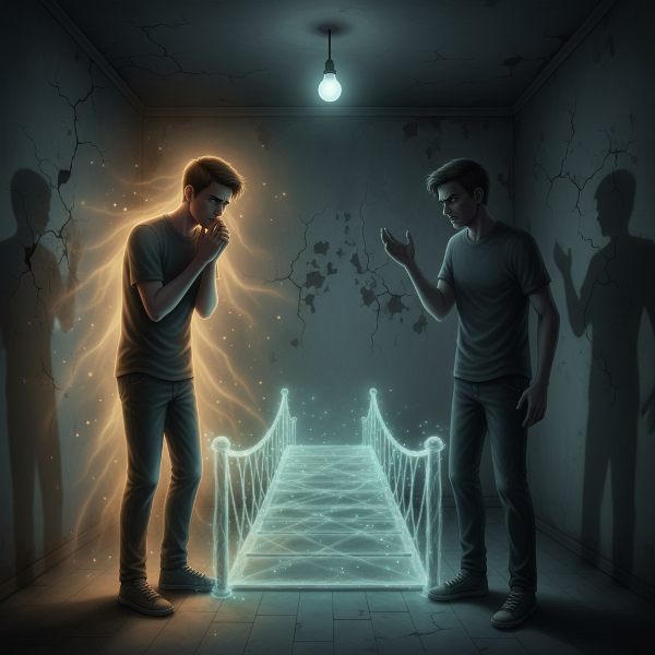 Một người đàn ông trẻ trông lo lắng đối diện với người bạn đời giận dữ trong căn phòng tối, với ánh sáng ấm áp tượng trưng cho sự bình tĩnh và bảo vệ bản thân.