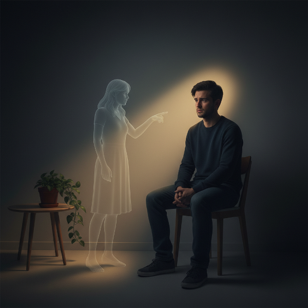 Hình ảnh minh họa một người đàn ông đang cảm thấy bị tổn thương và thao túng trong mối quan hệ, nhưng vẫn có ánh sáng của sự tự nhận thức và hy vọng.