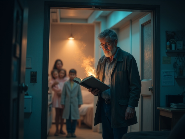 Một người đàn ông trung niên đứng trước cửa phòng thí nghiệm, biểu hiện mệt mỏi và do dự, với hình ảnh tượng trưng cho hy vọng và sự phục hồi tâm lý.